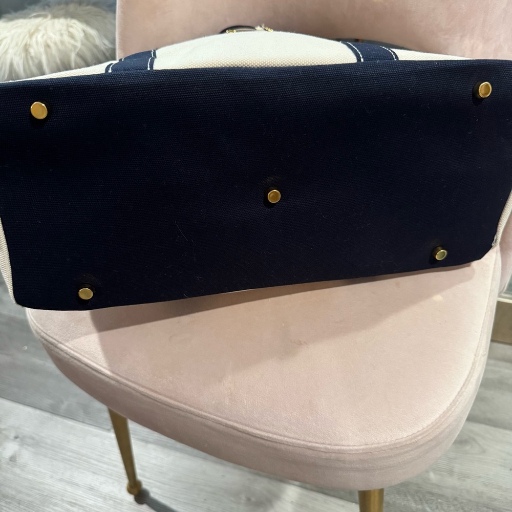 Neutral Canvas Tote with Navy Trim and Gold Hardware - Picture 6 of 6
